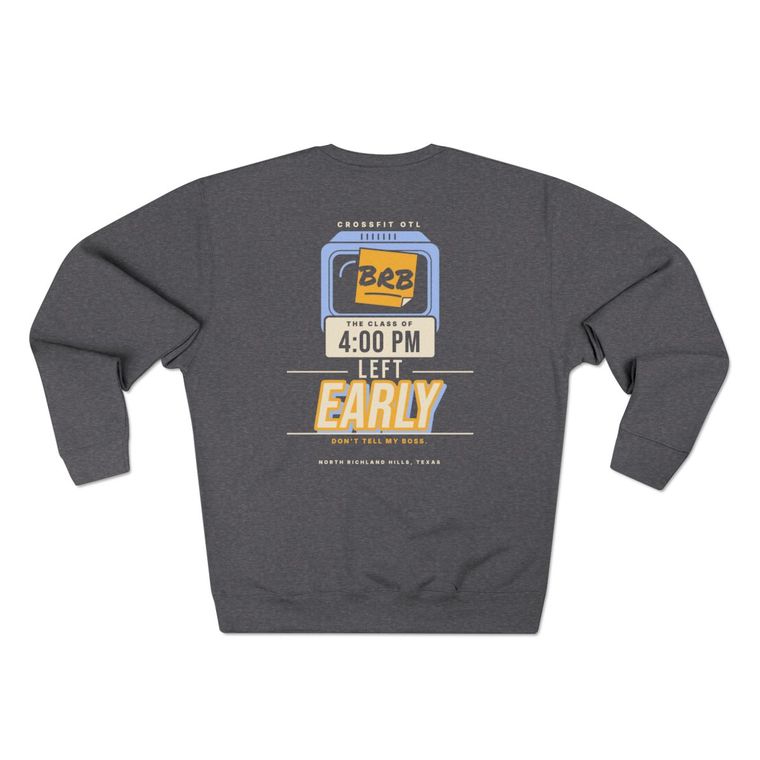 Left Early crewneck, back view
