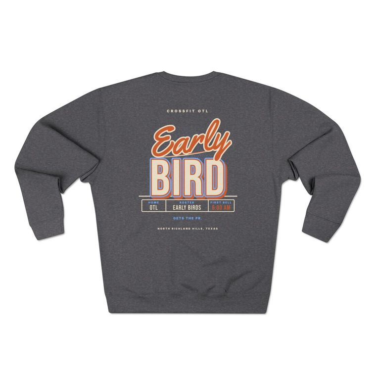 Early Bird crewneck, back view