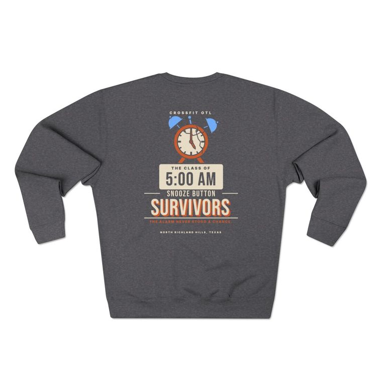Snooze Button Survivors crewneck, back view