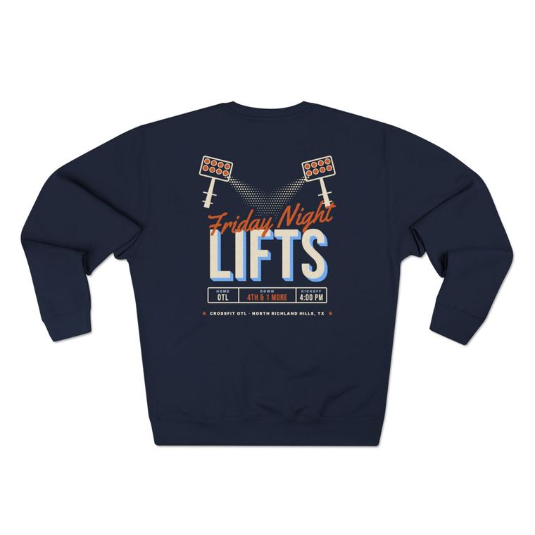 Friday Night Lifts crewneck, back view